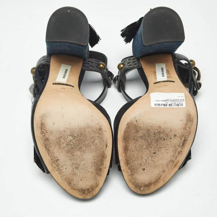 Pre Owned Dolce & Gabbana Black Lizard Embossed Leather and Velvet T Strap Sandals Size 40