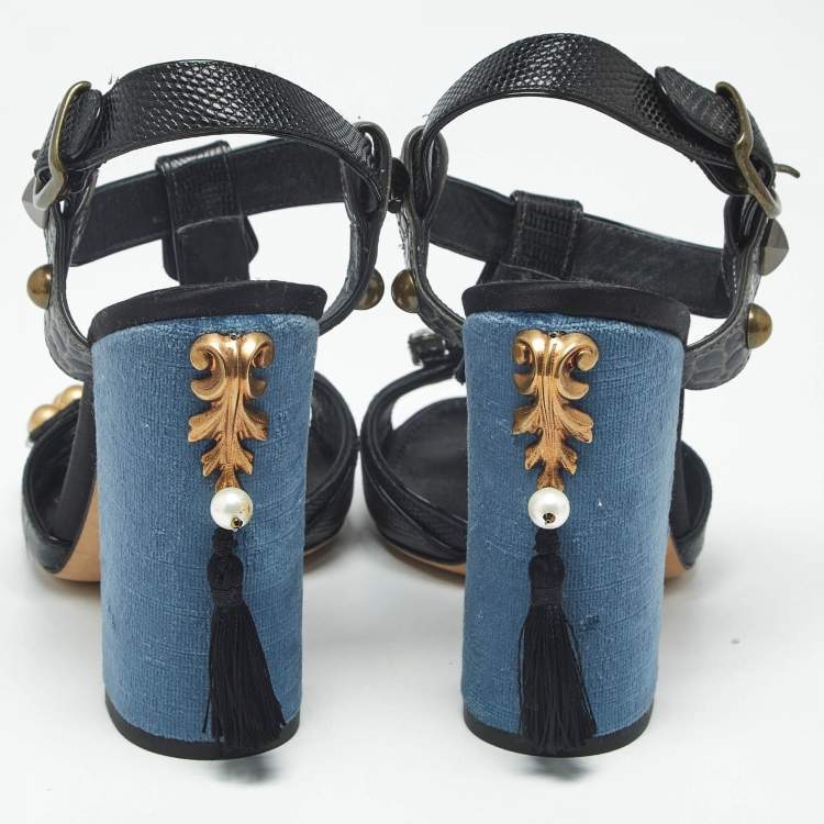 Pre Owned Dolce & Gabbana Black Lizard Embossed Leather and Velvet T Strap Sandals Size 40