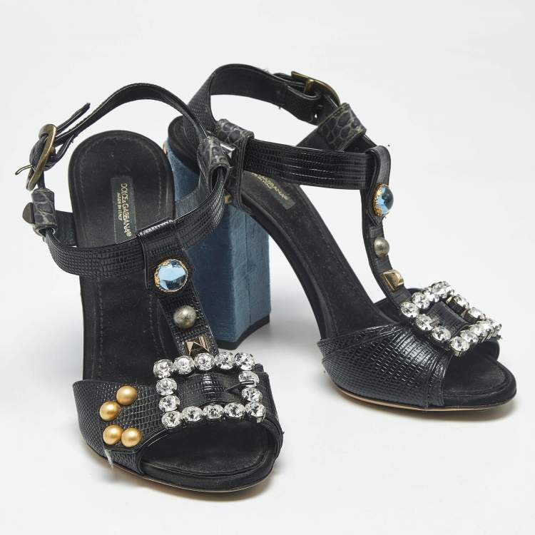 Pre Owned Dolce & Gabbana Black Lizard Embossed Leather and Velvet T Strap Sandals Size 40