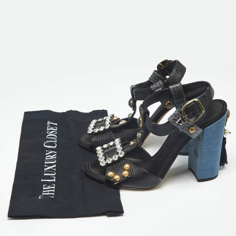 Pre Owned Dolce & Gabbana Black Lizard Embossed Leather and Velvet T Strap Sandals Size 40