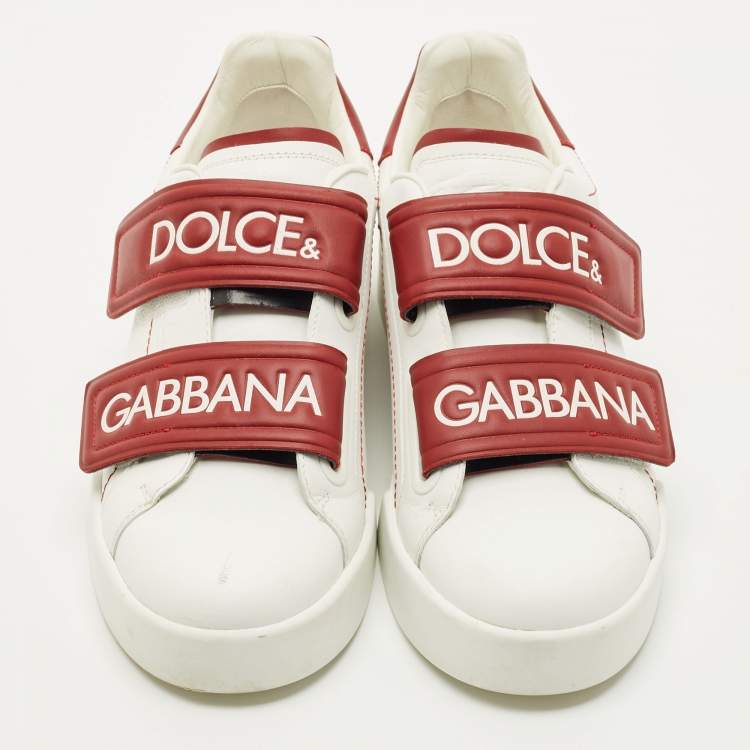 Pre Owned Dolce & Gabbana White/Red Leather Logo Velcro Strap Low Top Sneakers Size 39