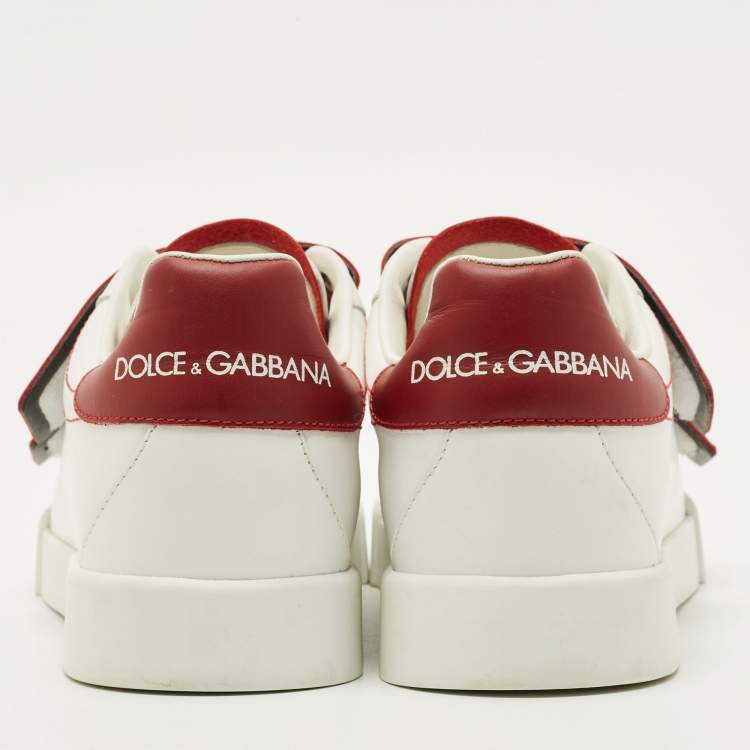 Pre Owned Dolce & Gabbana White/Red Leather Logo Velcro Strap Low Top Sneakers Size 39