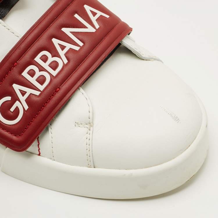 Pre Owned Dolce & Gabbana White/Red Leather Logo Velcro Strap Low Top Sneakers Size 39