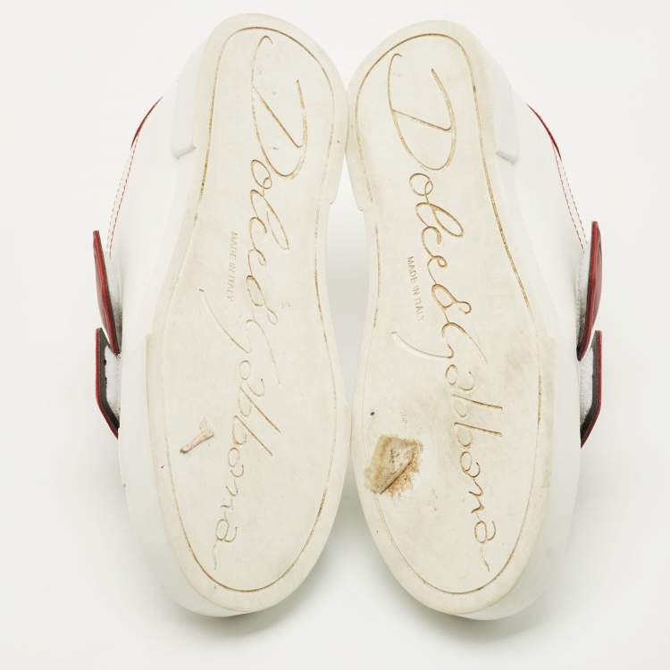 Pre Owned Dolce & Gabbana White/Red Leather Logo Velcro Strap Low Top Sneakers Size 39