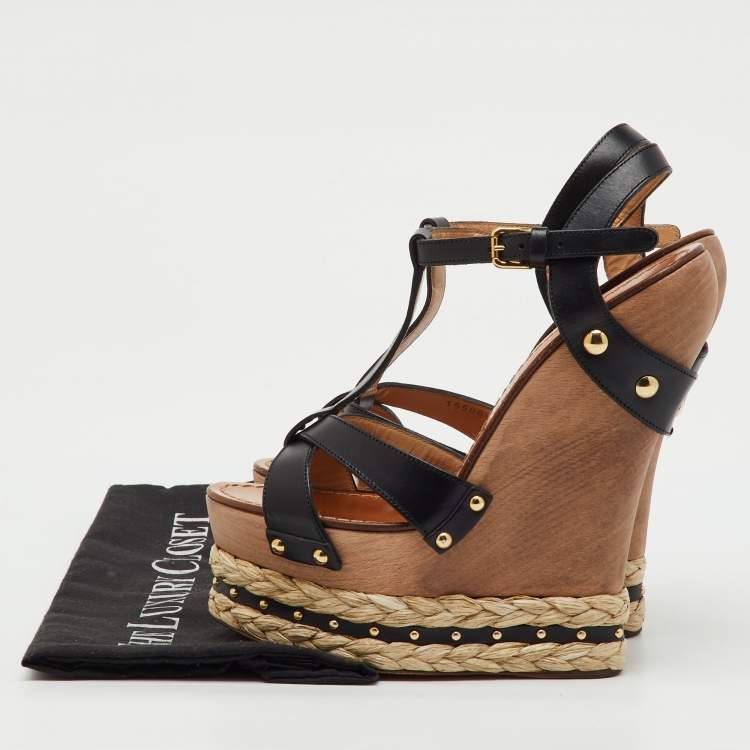 Pre Owned Dolce & Gabbana Black Leather Woven Raffia Platform Wooden Wedge Sandals Size 38