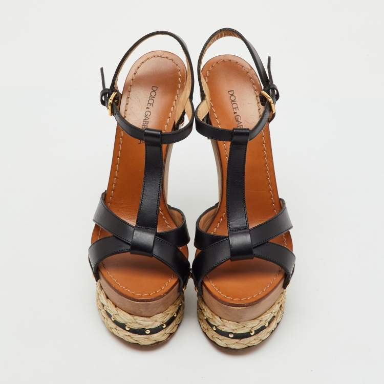 Pre Owned Dolce & Gabbana Black Leather Woven Raffia Platform Wooden Wedge Sandals Size 38