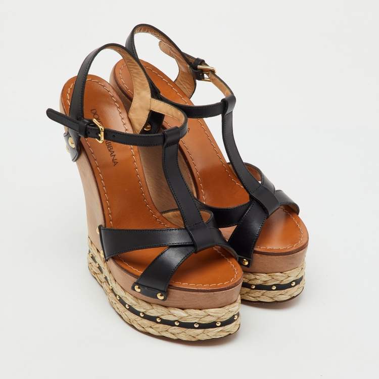 Pre Owned Dolce & Gabbana Black Leather Woven Raffia Platform Wooden Wedge Sandals Size 38