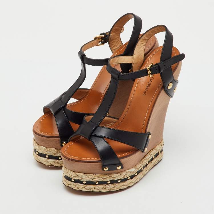 Pre Owned Dolce & Gabbana Black Leather Woven Raffia Platform Wooden Wedge Sandals Size 38