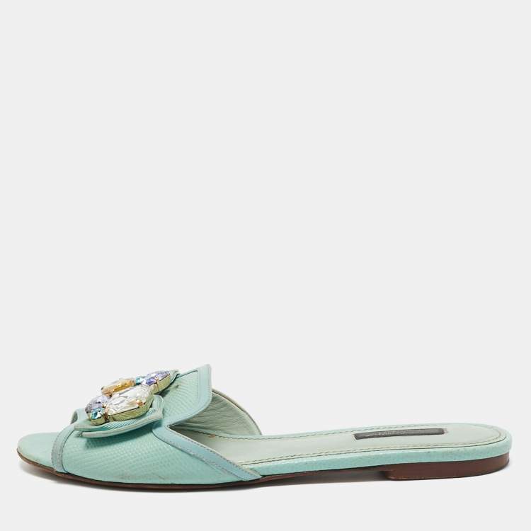 Pre Owned Dolce & Gabbana Blue Lizard Embossed Leather Crystal Embellished Bow Flat Slides Size Size 38.5