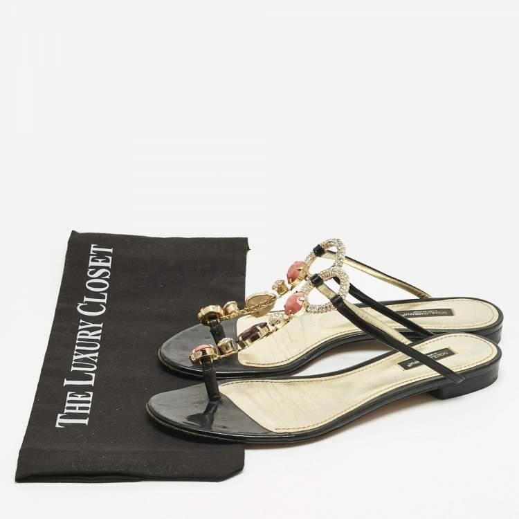 Pre Owned Dolce & Gabbana Black Patent Leather Crystal Embellish Thong Flats Size 39.5