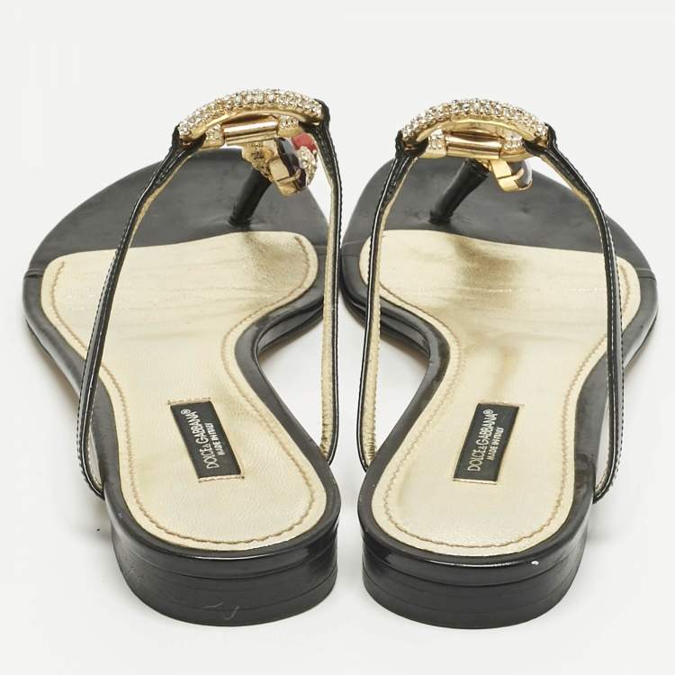 Pre Owned Dolce & Gabbana Black Patent Leather Crystal Embellish Thong Flats Size 39.5