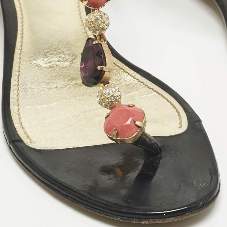 Pre Owned Dolce & Gabbana Black Patent Leather Crystal Embellish Thong Flats Size 39.5