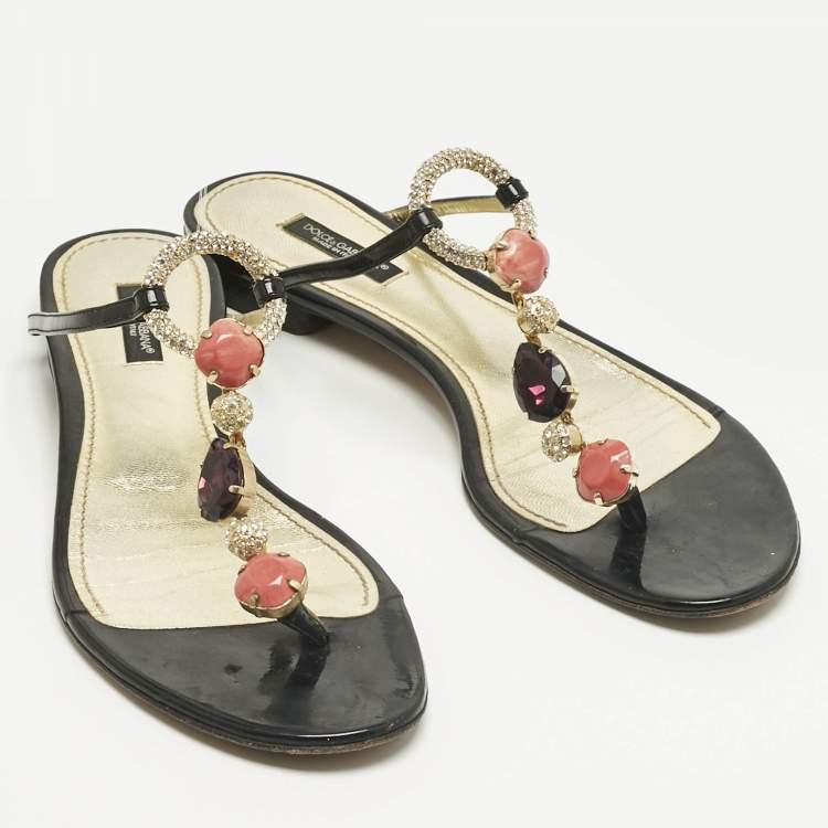 Pre Owned Dolce & Gabbana Black Patent Leather Crystal Embellish Thong Flats Size 39.5