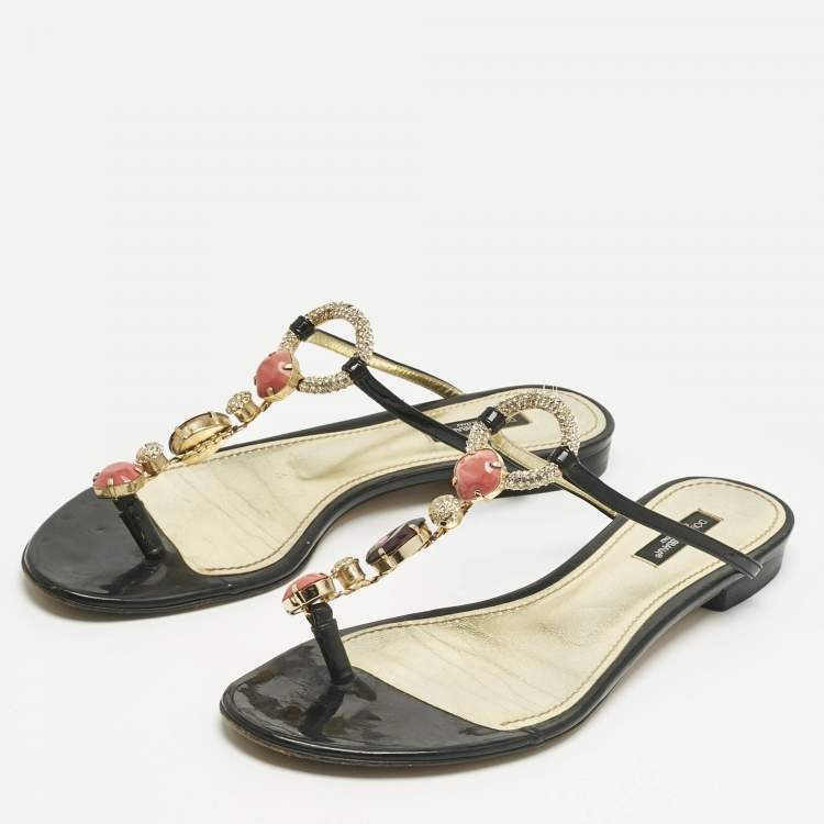 Pre Owned Dolce & Gabbana Black Patent Leather Crystal Embellish Thong Flats Size 39.5