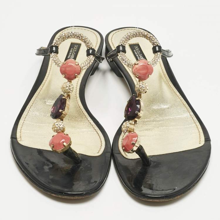Pre Owned Dolce & Gabbana Black Patent Leather Crystal Embellish Thong Flats Size 39.5