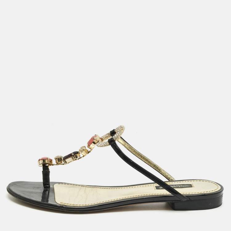 Pre Owned Dolce & Gabbana Black Patent Leather Crystal Embellish Thong Flats Size 39.5