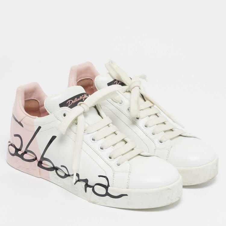 Pre Owned Dolce & Gabbana White/Pink Leather Portofino Low Top Sneakers Size 37