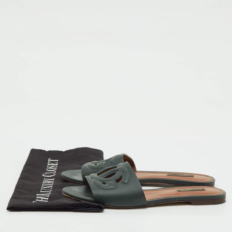 Pre Owned Dolce & Gabbana Dark Moss Green Leather DG Cut Out Flat Slide Sandals Size 38