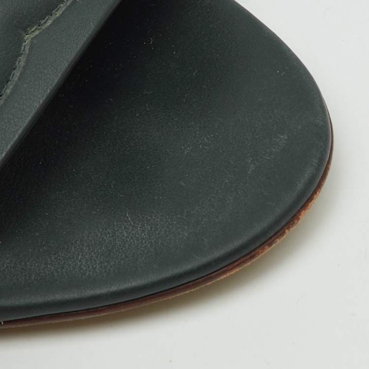 Pre Owned Dolce & Gabbana Dark Moss Green Leather DG Cut Out Flat Slide Sandals Size 38