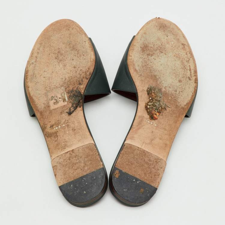 Pre Owned Dolce & Gabbana Dark Moss Green Leather DG Cut Out Flat Slide Sandals Size 38