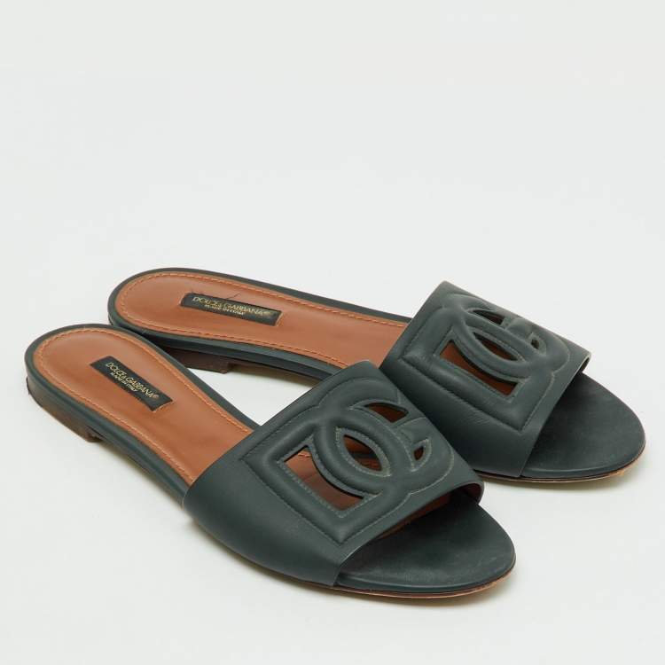 Pre Owned Dolce & Gabbana Dark Moss Green Leather DG Cut Out Flat Slide Sandals Size 38