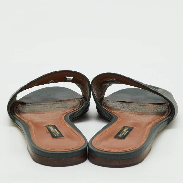 Pre Owned Dolce & Gabbana Dark Moss Green Leather DG Cut Out Flat Slide Sandals Size 38