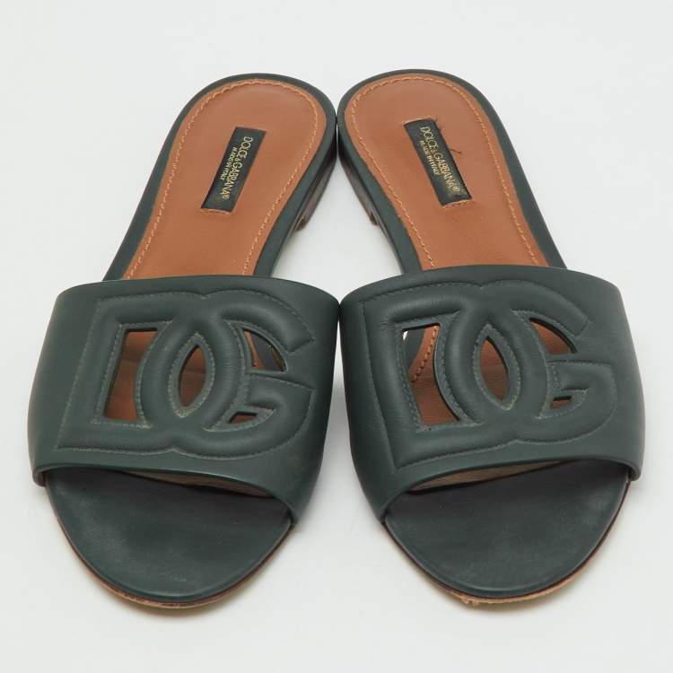 Pre Owned Dolce & Gabbana Dark Moss Green Leather DG Cut Out Flat Slide Sandals Size 38