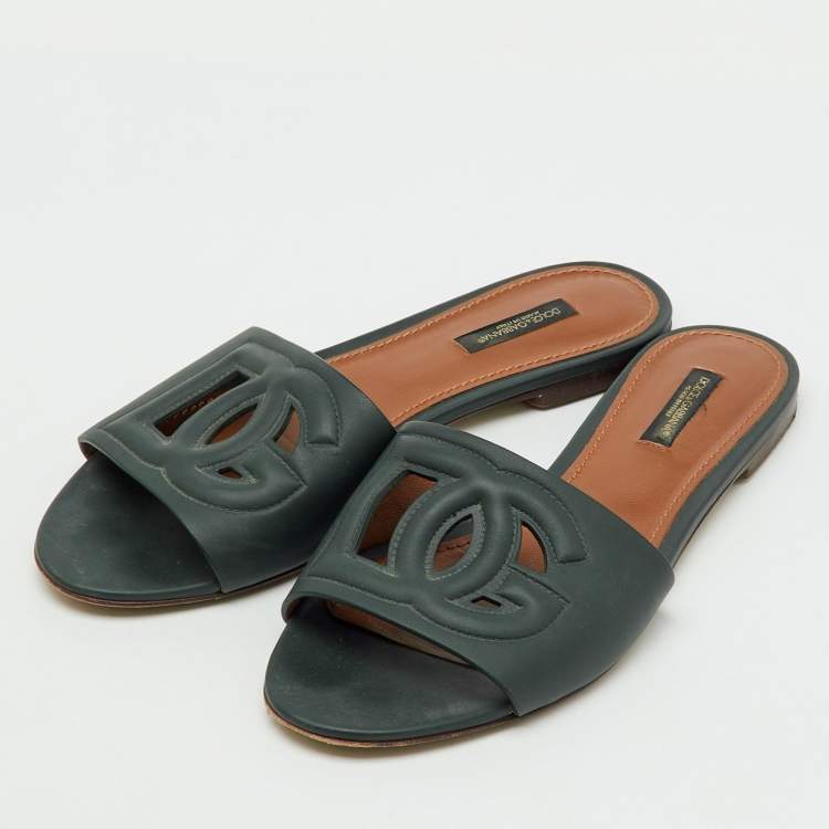 Pre Owned Dolce & Gabbana Dark Moss Green Leather DG Cut Out Flat Slide Sandals Size 38