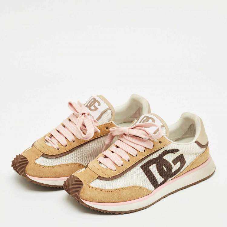 Pre Owned Dolce & Gabbana White/Brown Suede and Leather DG Cushion Sneakers Size 37.5