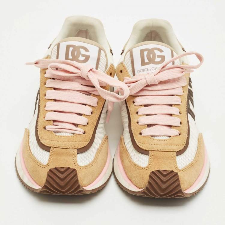 Pre Owned Dolce & Gabbana White/Brown Suede and Leather DG Cushion Sneakers Size 37.5