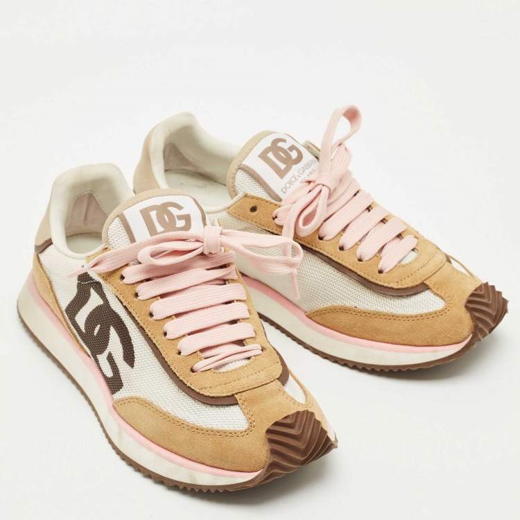 Pre Owned Dolce & Gabbana White/Brown Suede and Leather DG Cushion Sneakers Size 37.5