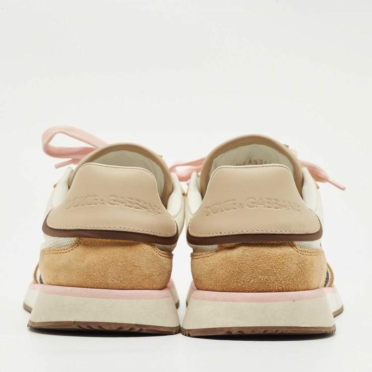 Pre Owned Dolce & Gabbana White/Brown Suede and Leather DG Cushion Sneakers Size 37.5