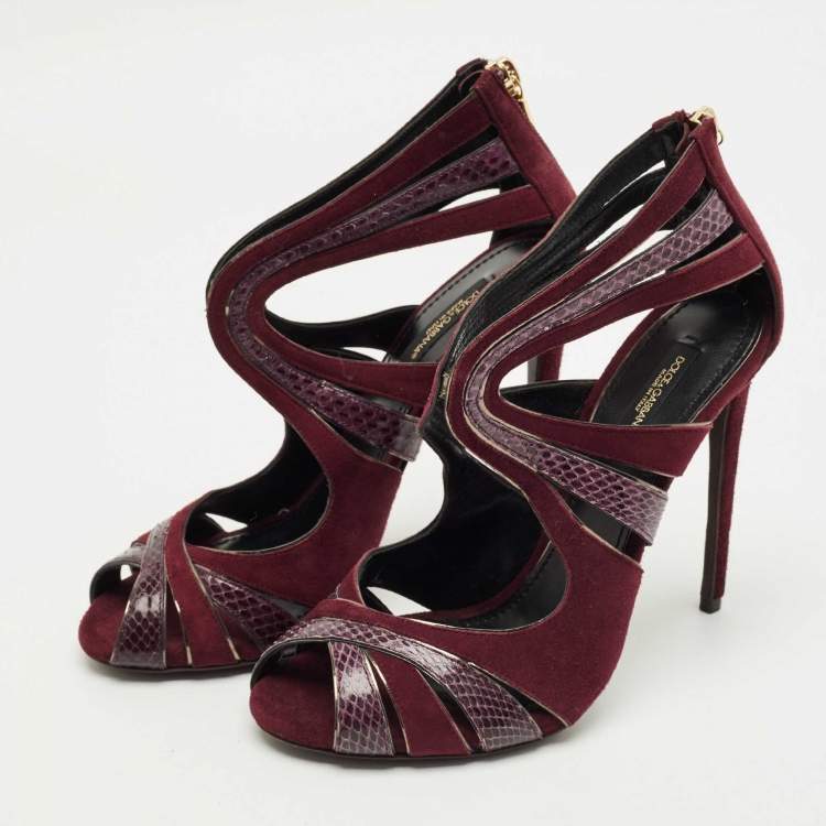 Pre Owned Dolce & Gabbana Burgundy Python Leather And Suede Cut Out Pumps Size 38