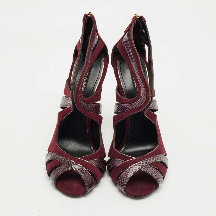 Pre Owned Dolce & Gabbana Burgundy Python Leather And Suede Cut Out Pumps Size 38