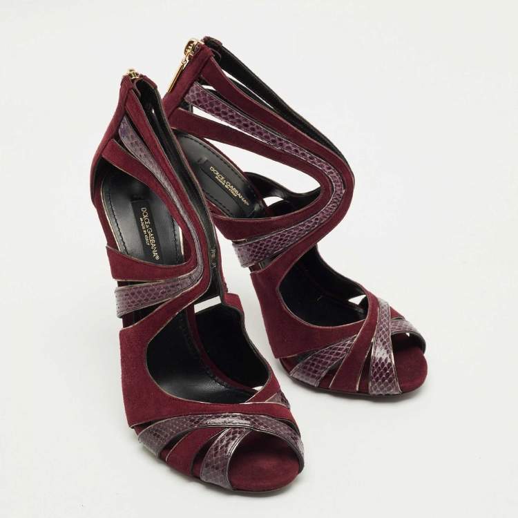 Pre Owned Dolce & Gabbana Burgundy Python Leather And Suede Cut Out Pumps Size 38
