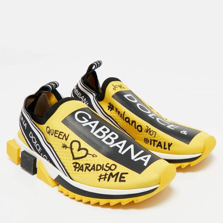 Pre Owned Dolce & Gabbana Black/Yellow Knit Fabric Sorrento Slip On Sneakers Size 40