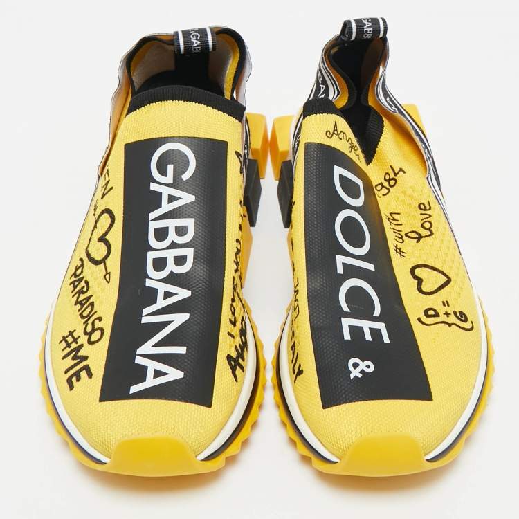 Pre Owned Dolce & Gabbana Black/Yellow Knit Fabric Sorrento Slip On Sneakers Size 40