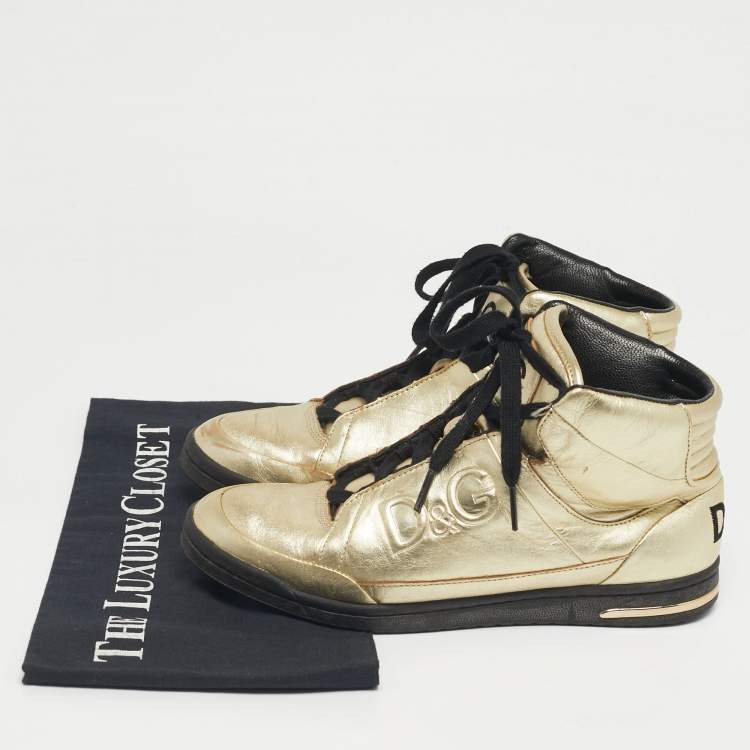 Pre Owned Dolce & Gabbana Gold Leather High Top Sneakers Size 37.5