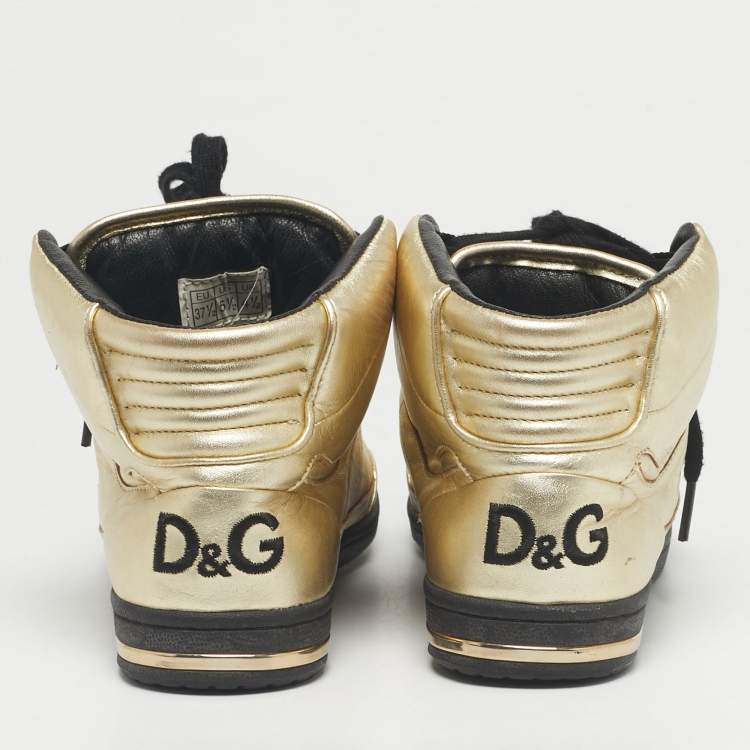 Pre Owned Dolce & Gabbana Gold Leather High Top Sneakers Size 37.5