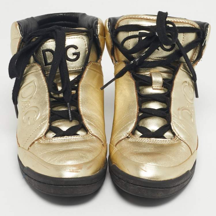 Pre Owned Dolce & Gabbana Gold Leather High Top Sneakers Size 37.5