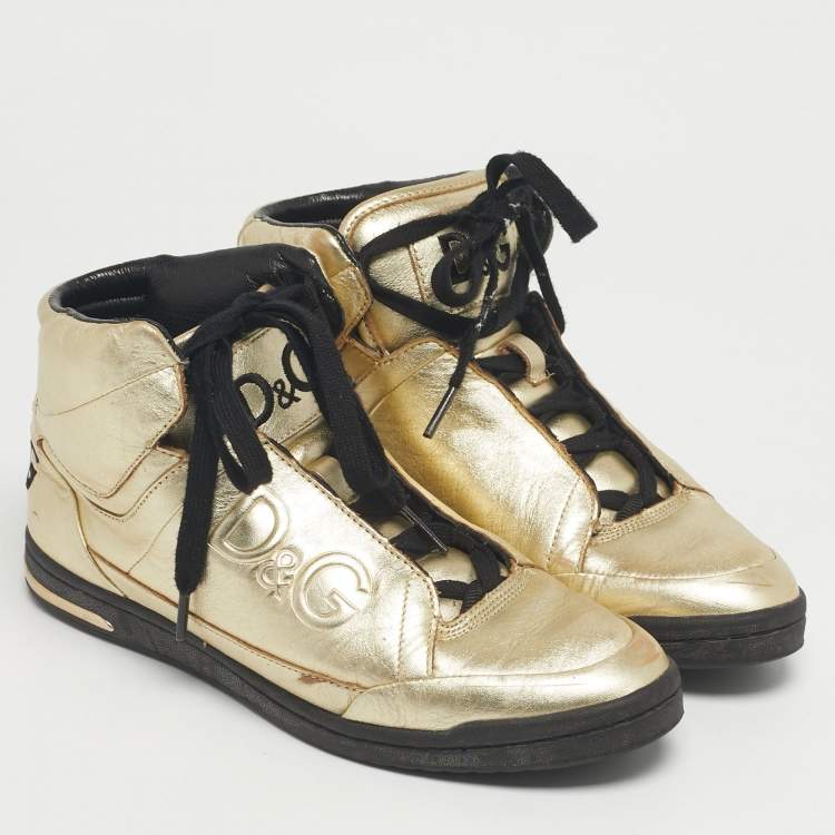 Pre Owned Dolce & Gabbana Gold Leather High Top Sneakers Size 37.5
