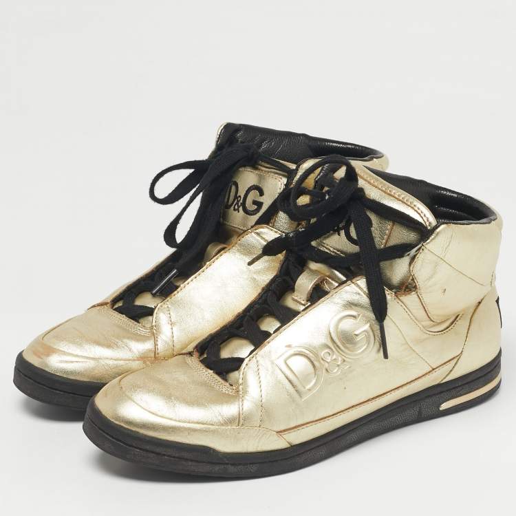 Pre Owned Dolce & Gabbana Gold Leather High Top Sneakers Size 37.5