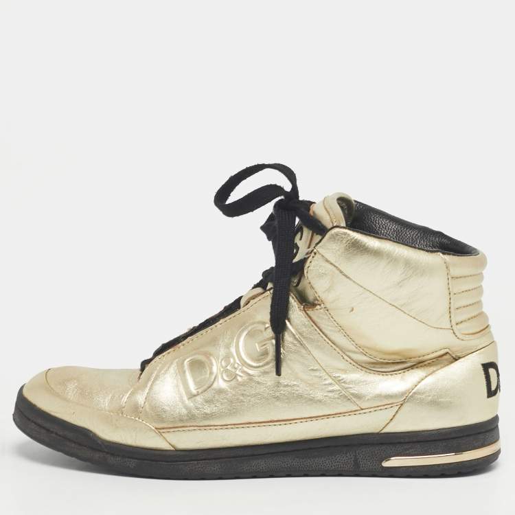 Pre Owned Dolce & Gabbana Gold Leather High Top Sneakers Size 37.5