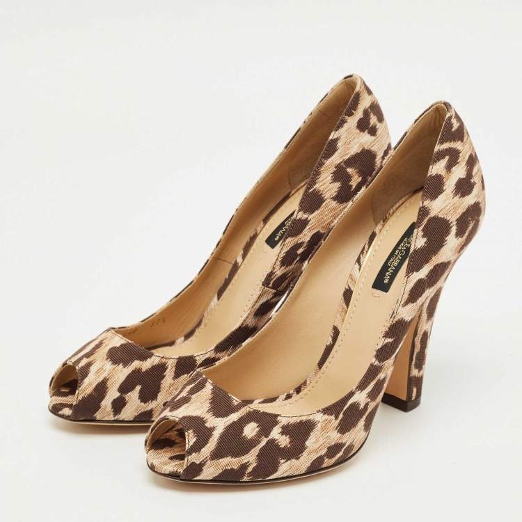 Pre Owned Dolce & Gabbana Brown/Beige Leopard Print Fabric Peep Toe Pumps Size 37.5