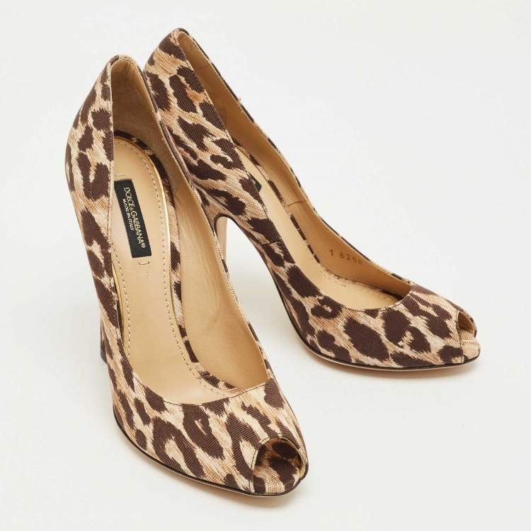 Pre Owned Dolce & Gabbana Brown/Beige Leopard Print Fabric Peep Toe Pumps Size 37.5