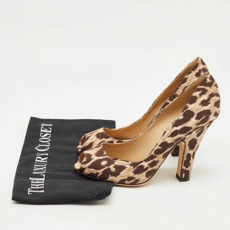 Pre Owned Dolce & Gabbana Brown/Beige Leopard Print Fabric Peep Toe Pumps Size 37.5