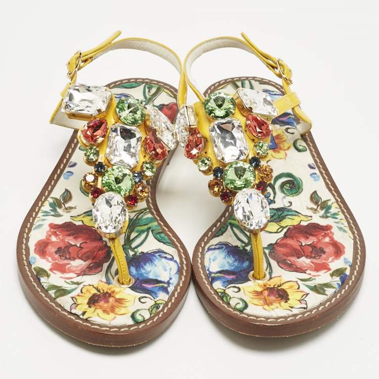 Pre Owned Dolce & Gabbana Multicolor Patent Crystal Embellished Thong Strap Flat Sandals Size 37