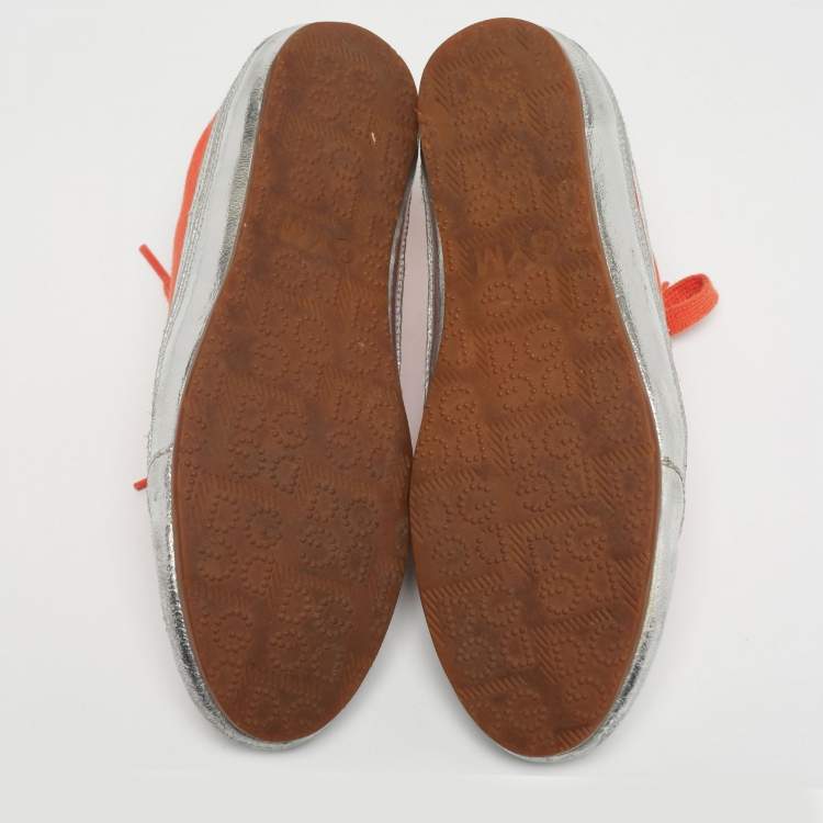 Pre Owned Dolce & Gabbana Orange/Sliver Leather and Canvas Lace Up Low Top Sneakers Size 37