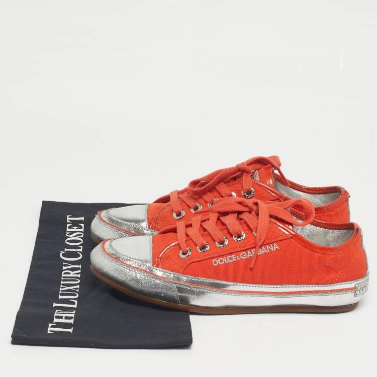 Pre Owned Dolce & Gabbana Orange/Sliver Leather and Canvas Lace Up Low Top Sneakers Size 37