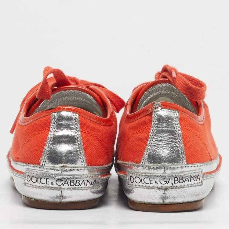 Pre Owned Dolce & Gabbana Orange/Sliver Leather and Canvas Lace Up Low Top Sneakers Size 37